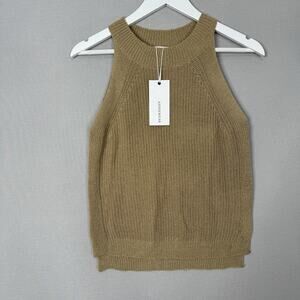 AnnieWear Womens Sweater Top Large Tan Halter Knit Tank Old Money Resort Boho